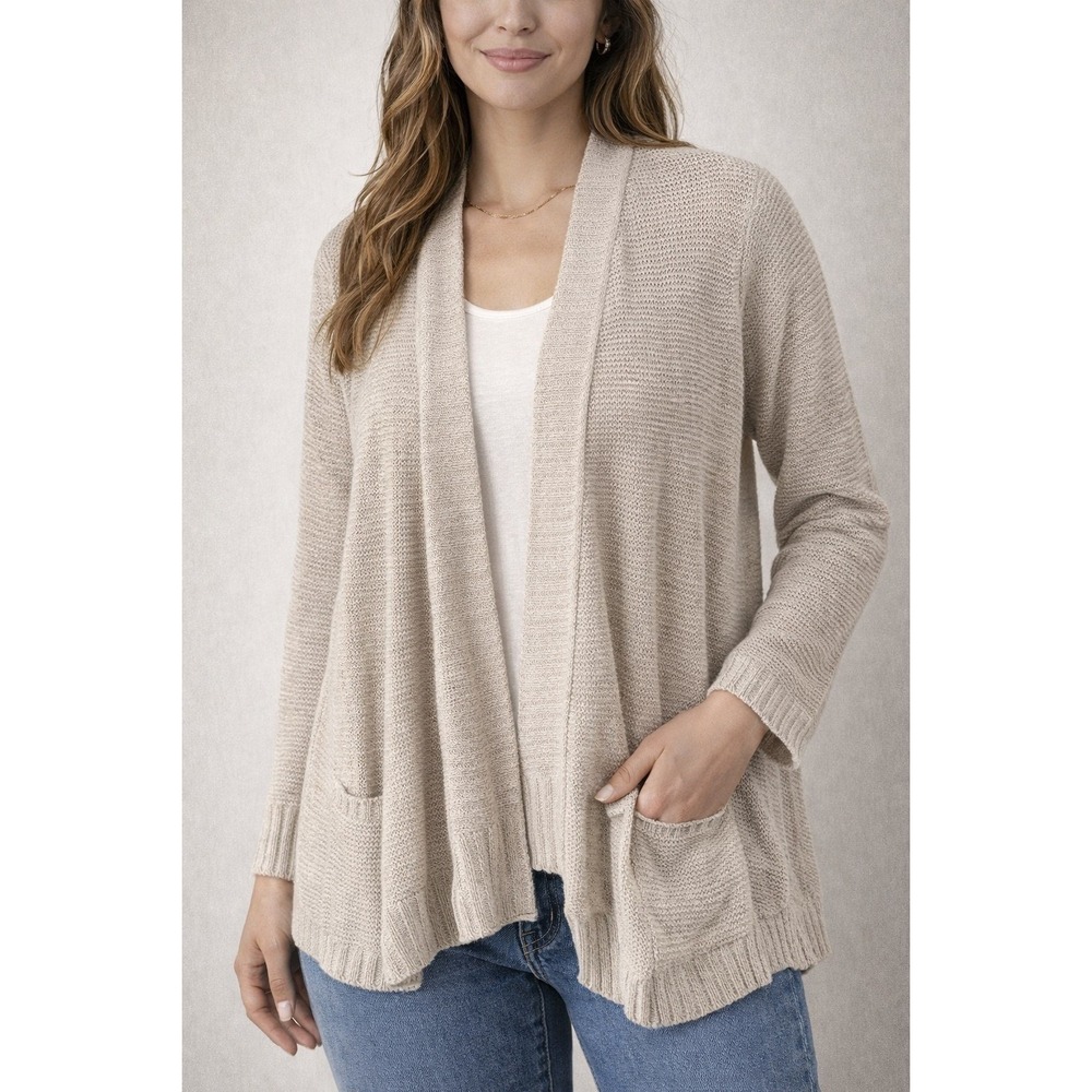 Eileen Fisher Linen Cotton Blend Knit Open‎ Front Cardigan Sweater Beige XL